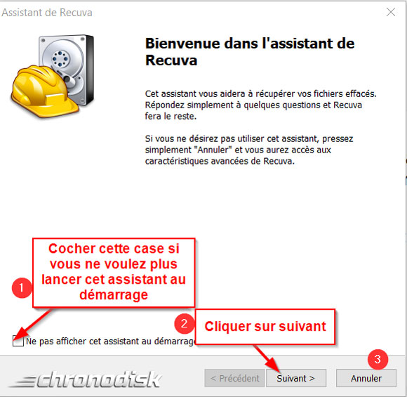 Paramétrage de la recherche avec l'assitant de Recuva : étape 1