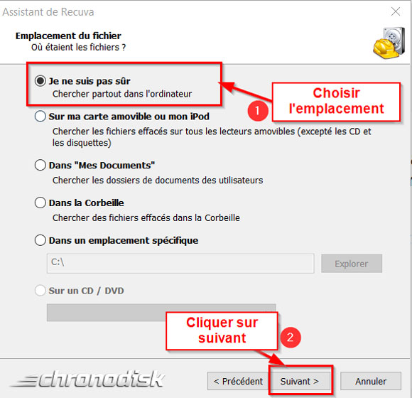 Paramétrage de la recherche avec l'assitant de Recuva : choix de l'emplacement