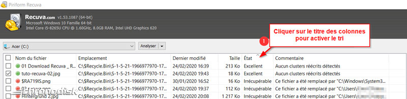 Restauration des données perdues avec Recuva : tri des données