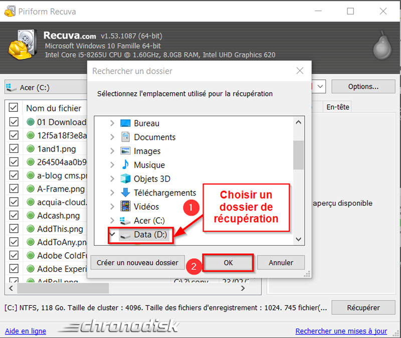 Restauration des données perdues avec Recuva : choix du dossier de récupération