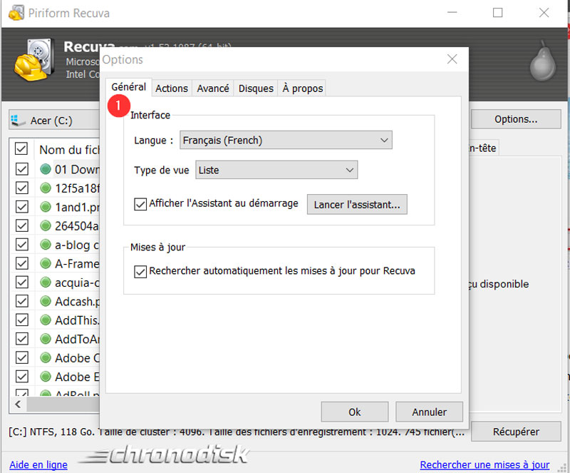 Les options de Recuva : onglet général