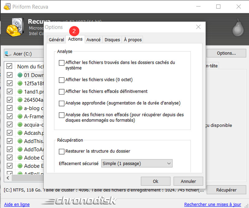 Les options de Recuva : onglet actions