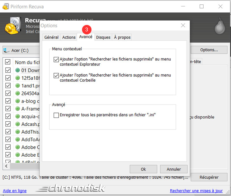 Les options de Recuva : onglet avancé