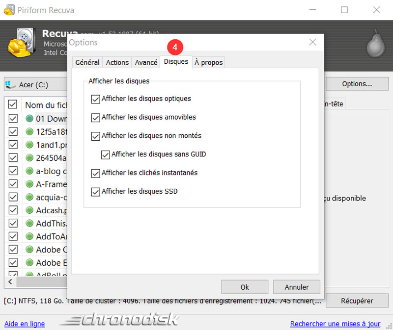 Les options de Recuva : onglet disque