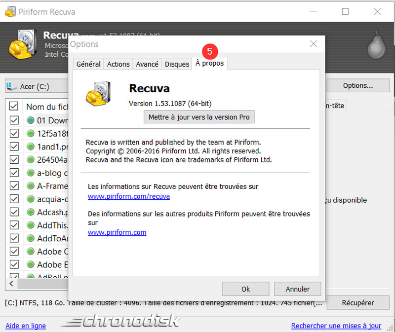 Les options de Recuva : onglet à propos